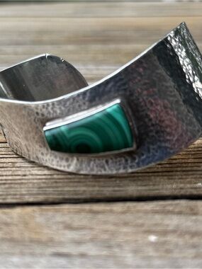 Vintage Sterling Silver Malachite Cuff Bracelet Signed Heavy 75g